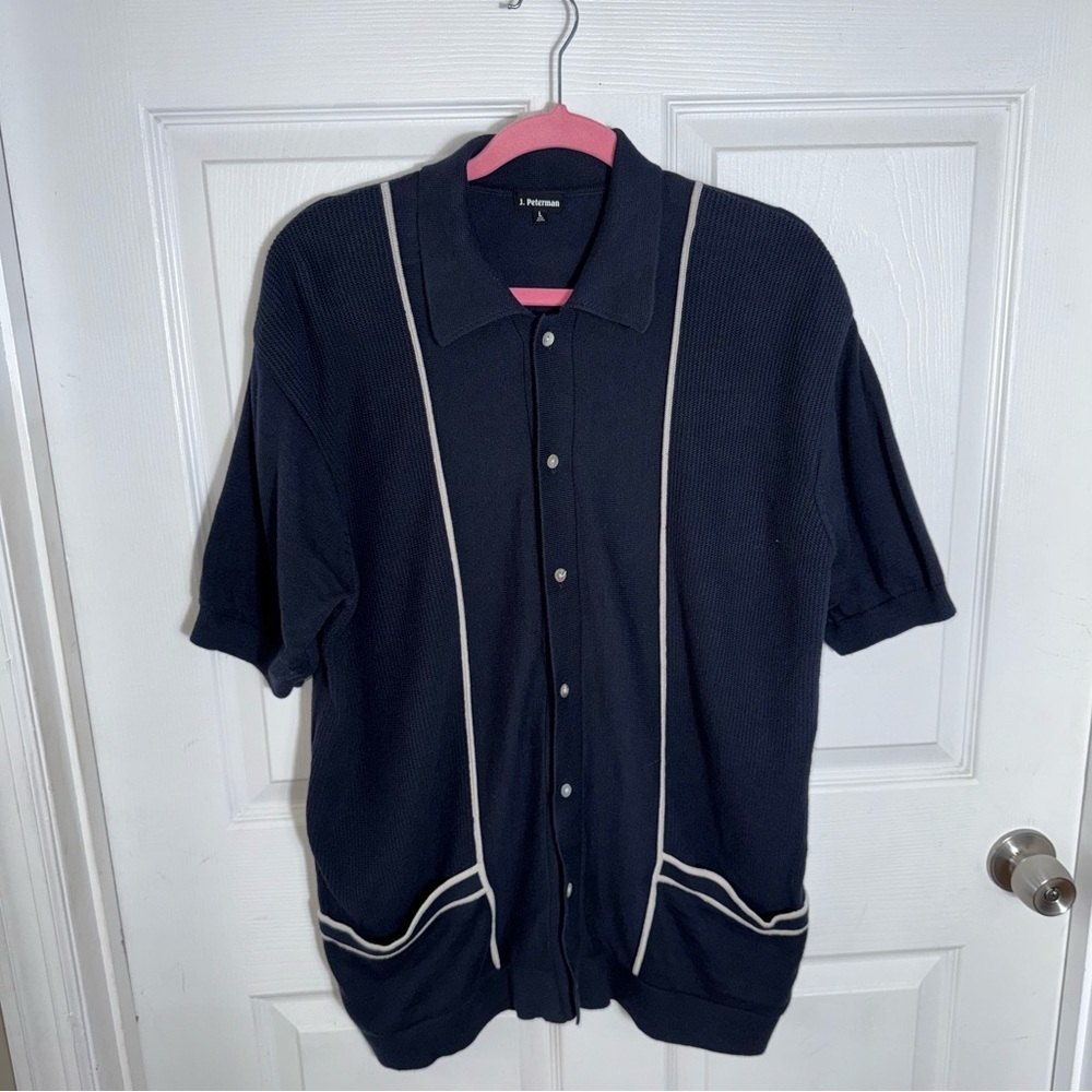 J. Peterman Knit Polo Shirt Size LG Navy Blue Button Down Preppy Casual Office - Picture 8 of 8